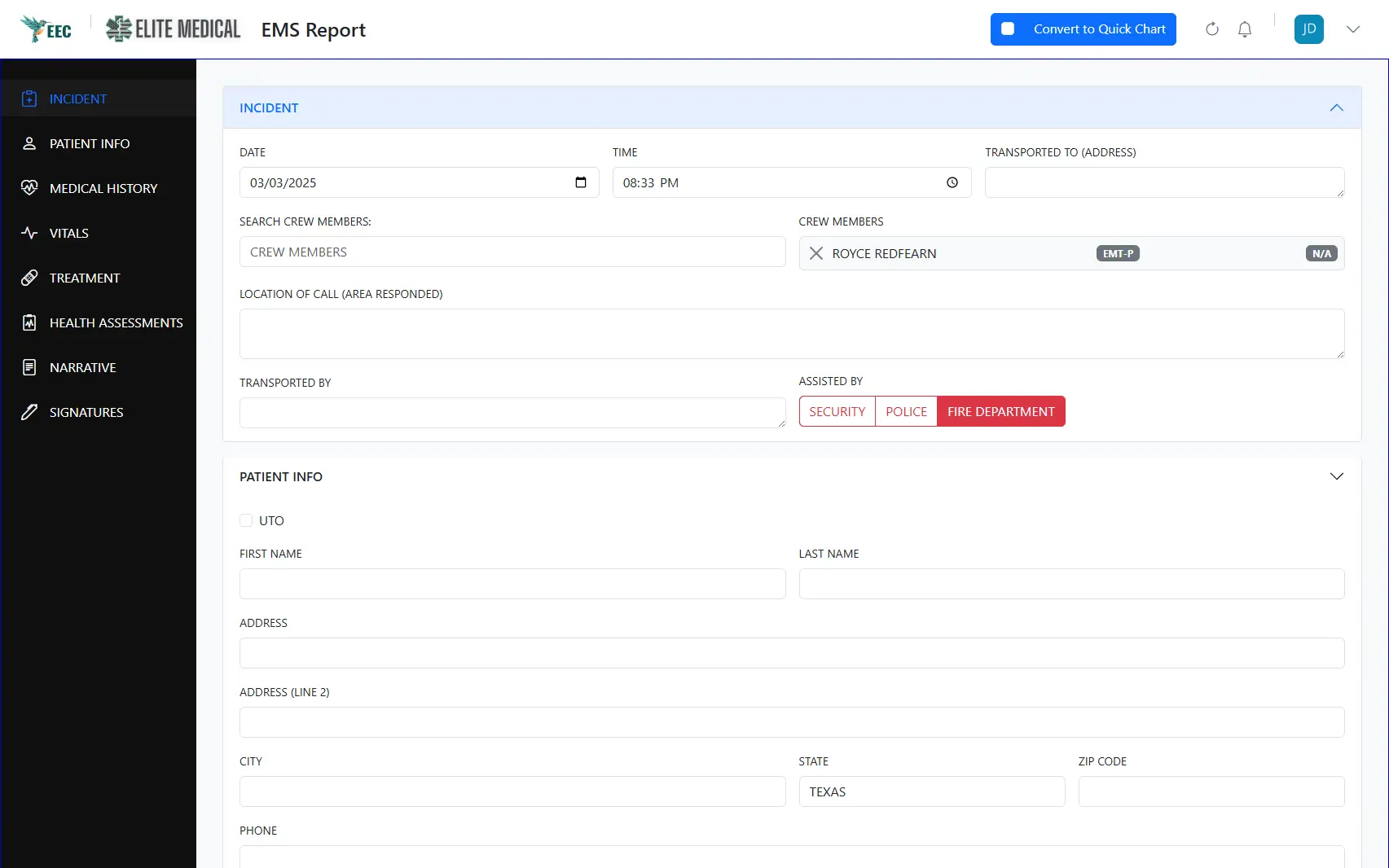 Screenshot: EMS charting interface. Source: UI mockup of charting form.